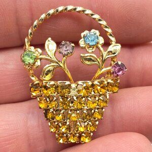 Vintage Gold Tone Floral Basket Brooch Multicolor Rhinestones